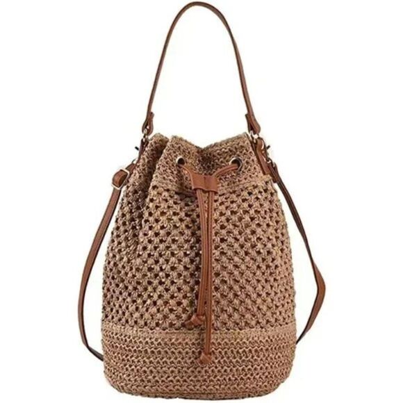 Women's Woven Straw Bucket Drawstring Tote Handbag, Light Brown or Beige - Picture 5 of 12